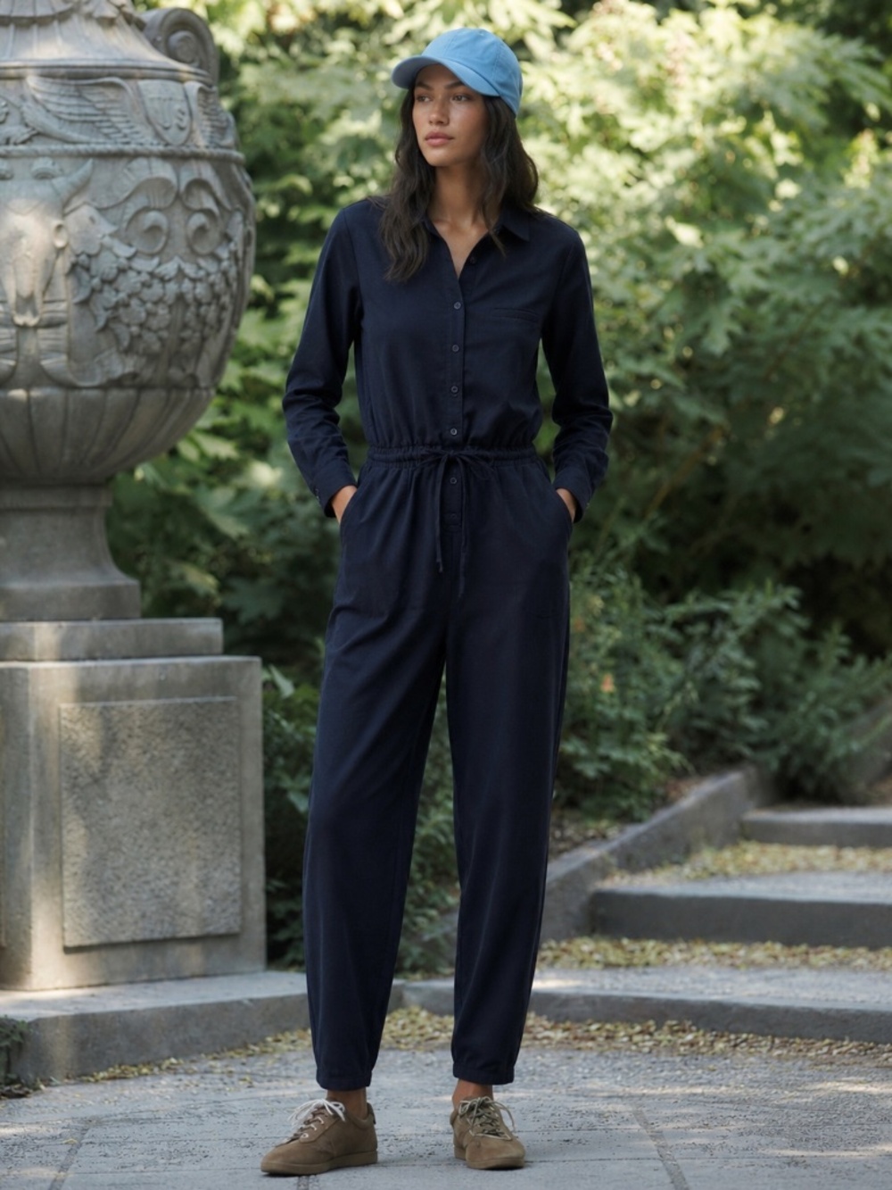 FRNCH Paris Anthropologie Long Sleeve Utility Jumpsuit Drawstring Waist Size S